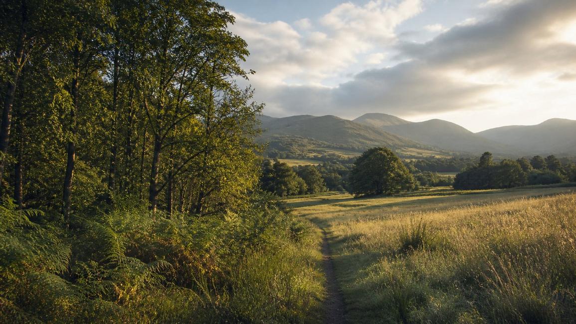 Woodland and meadow landscape.